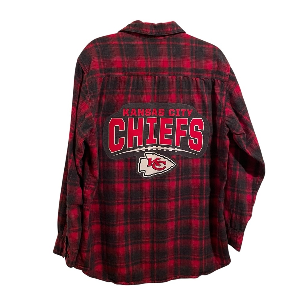 Upcycled KC Chiefs Red and Gray Plaid Flannel Button Front Shirt L ooak